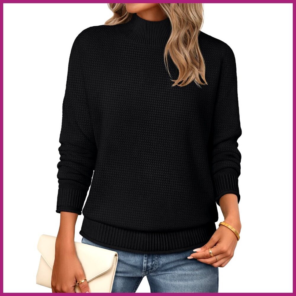 Turtleneck Long Sleeve Sweater Cozy Knit Loose Pullover Top